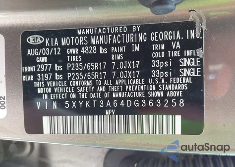 2013 Kia Sorento Lx from USA, damaged, VIN 5XYKT3A64DG363258